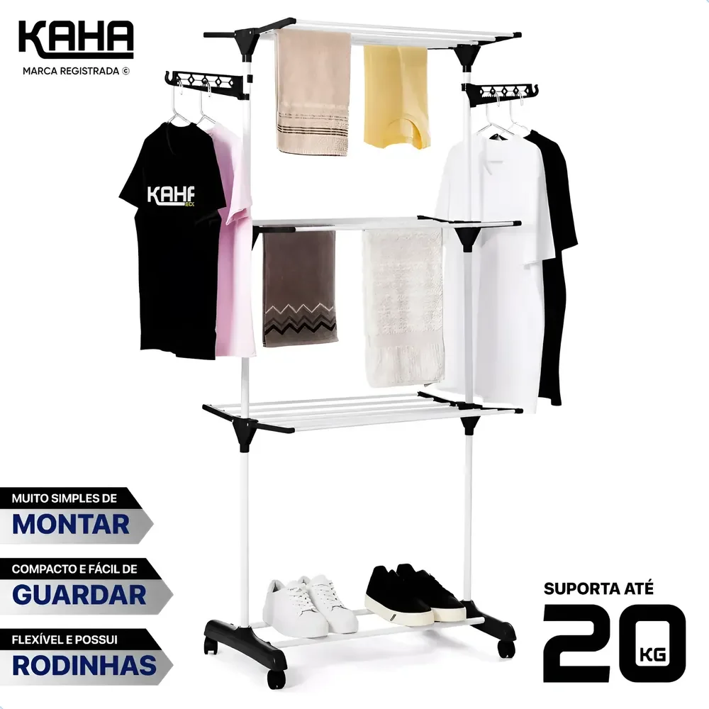 Kaha Varal De Chão Grande 3 Andares Dobrável Preto/branco