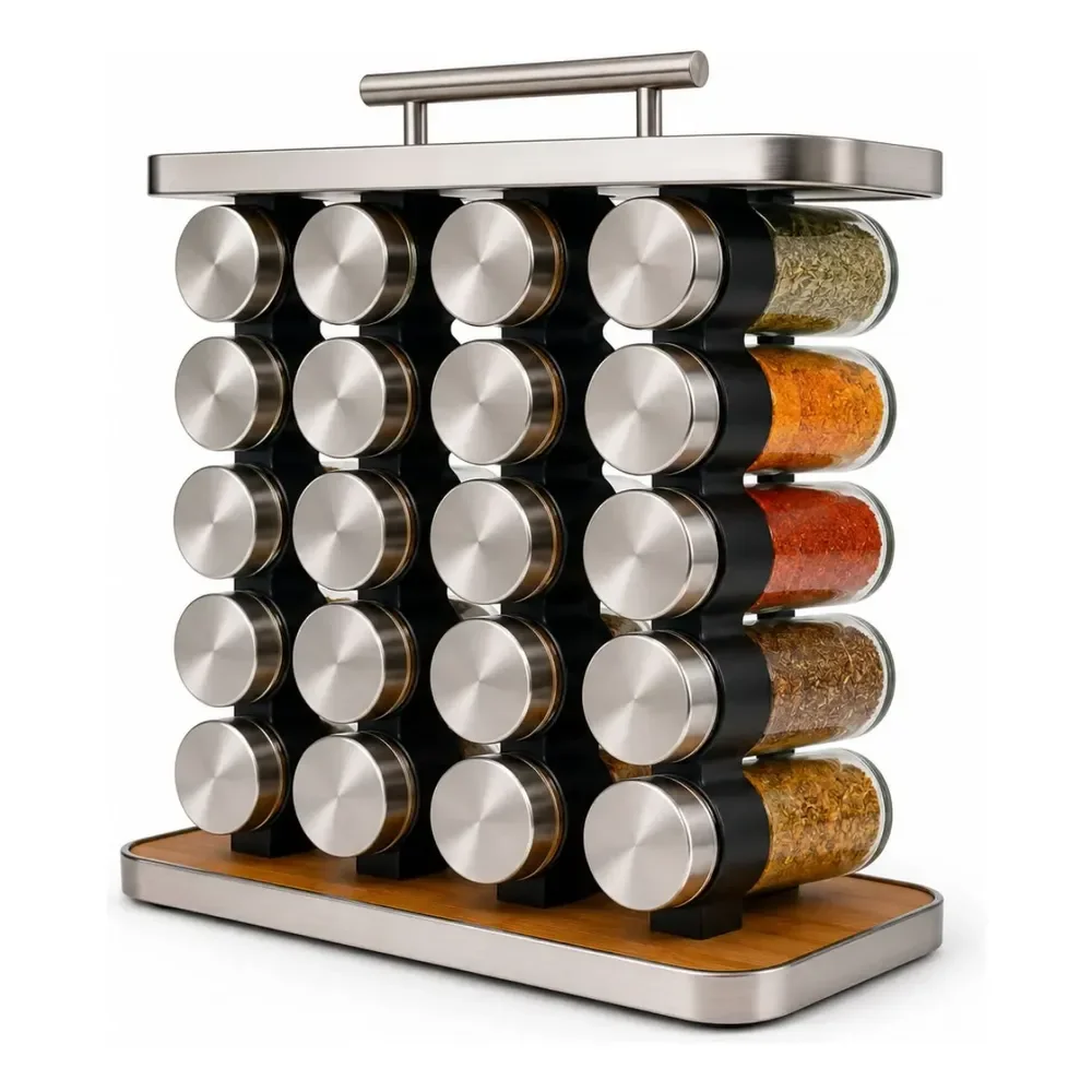 Porta Tempero 20 Potes Gourmet Com Alça Inox E Madeira Inox E Madeira