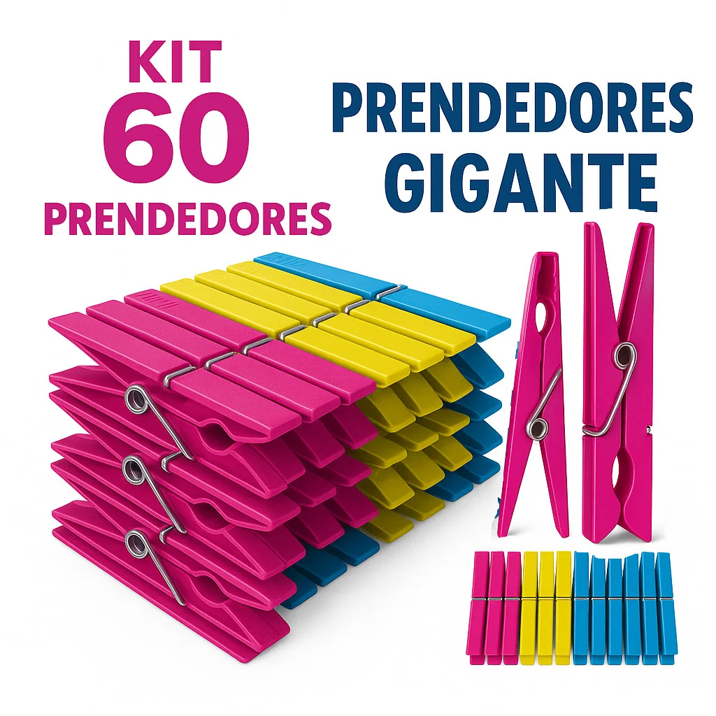 Kit com 60 / 48 / 36 / 24 / 12 Prendedores Pregadores de Roupa em Plástico Reforçado - Cores Sortida