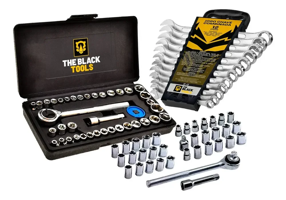 Kit Ferramentas The Black Tools com Jogo de Soquetes 40 Peças e Chaves Combinadas de 6 a 22mm