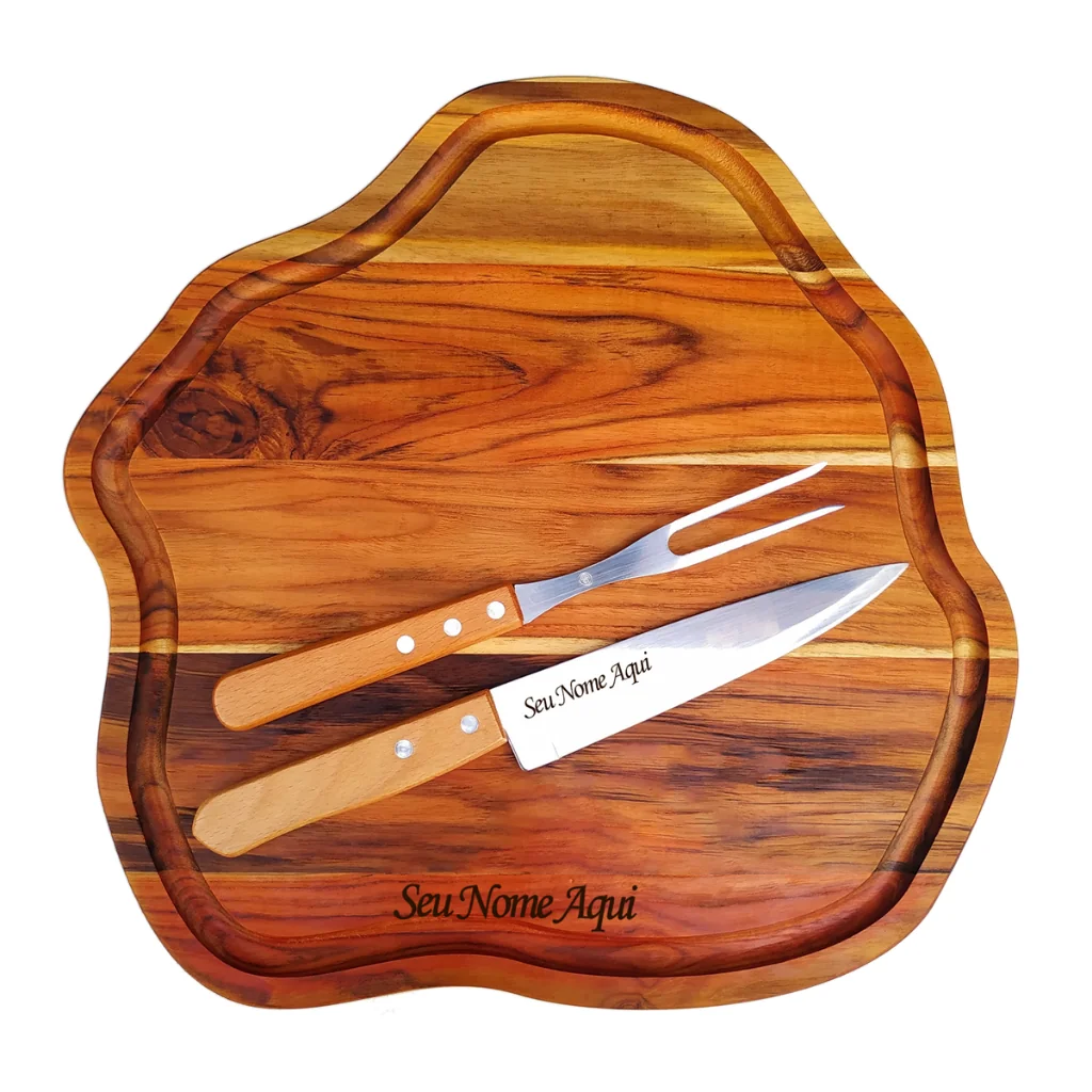 kit churrasco personalizado tábua premium faca e garfo inox