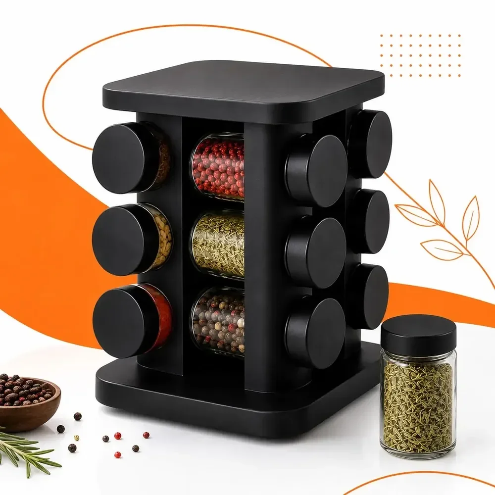 Porta Temperos Giratório 360° Com 12 Potes De Vidro 85ml Tampa Inox Organizador De Temperos Condimentos Suporte Para Bancada Mesa Cozinha Premium Redondo Elegante Hold On Preto