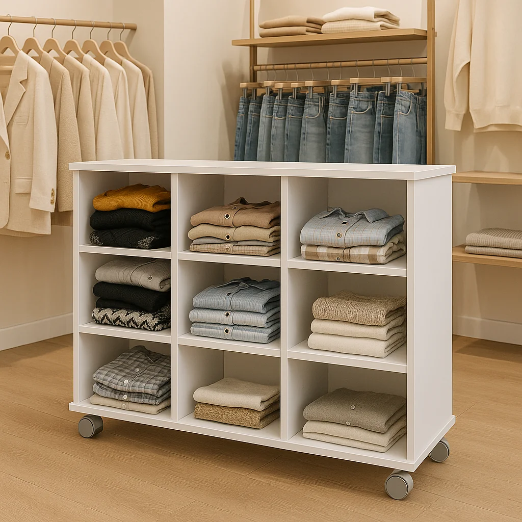 Móvel Expositor para Loja de Roupas 9 Nichos com Rodinhas  Branco Estante organização Closet