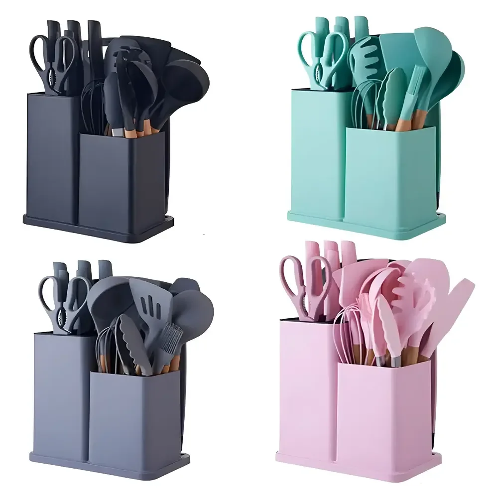 Kit 19 Utensílios De Cozinha Silicone Cabo Madeira Jogo Faca Cor Cinza