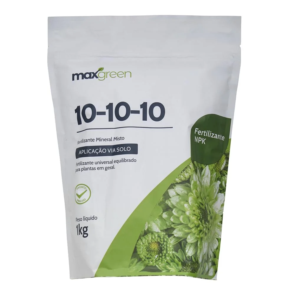 Fertilizante Maxgreen 10-10-10, Adubo Mineral, NPK Equilibrado, Uso Universal, Pacote, 1KG