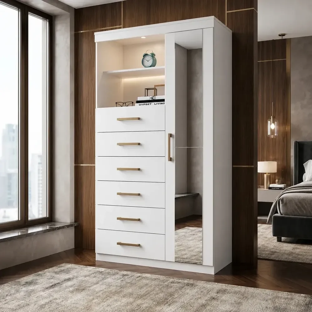 Cômoda Com Espelho Gaveteiro Marabá Santos Andirá Design Moderno 1 Porta 6 Gavetas Nicho Cor Branco