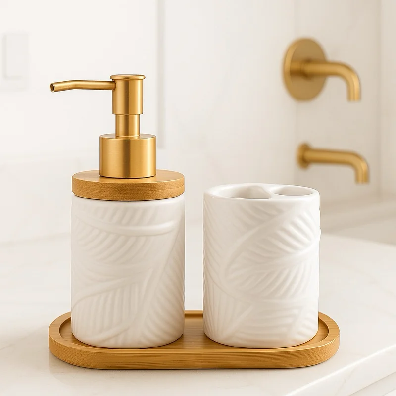 🛍 Kit Banheiro Lavabo Porta Sabonete Liquido Dispenser Porta Escova de Dente Cerâmica Luxo