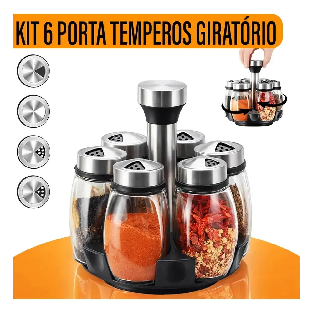 Yab - Porta Tempero De Mesa Saleiro Giratório 6 Potes P/ Condimentos Em Vidro E Aço Inox Cozinha Premium