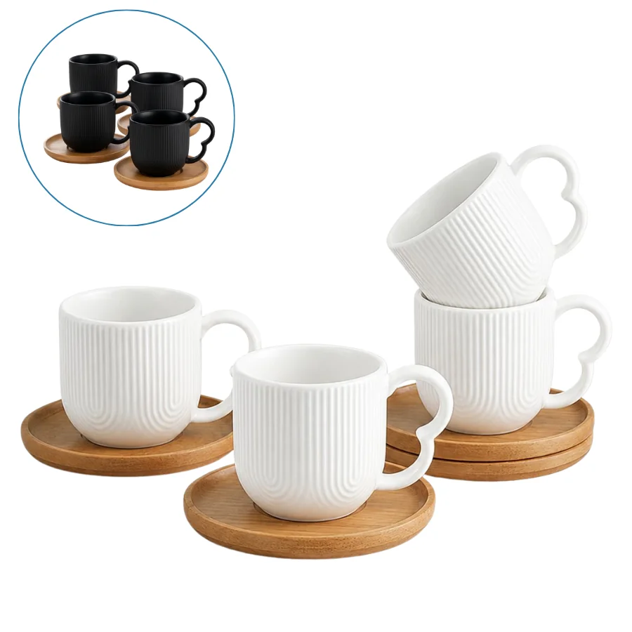 Jogo 4 Xicaras De Café Porcelana com Pires Bambu 90ml Oásis