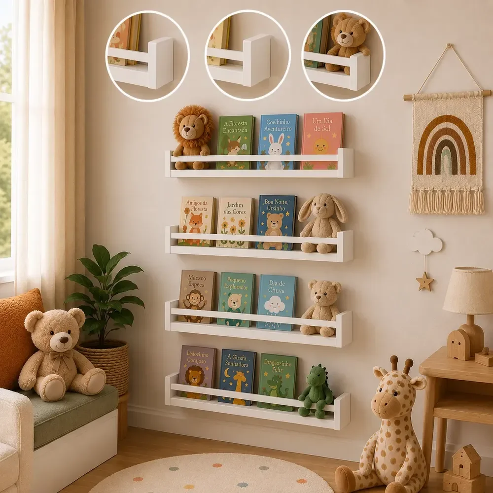 Combo 4 Prateleira Nicho Livros Infantil 50cm Mdf Branco Branco
