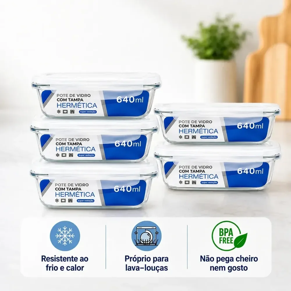 Kit 5 Potes Vidro Hermético 640ml Marmita Forno Micro-ondas Transparente
