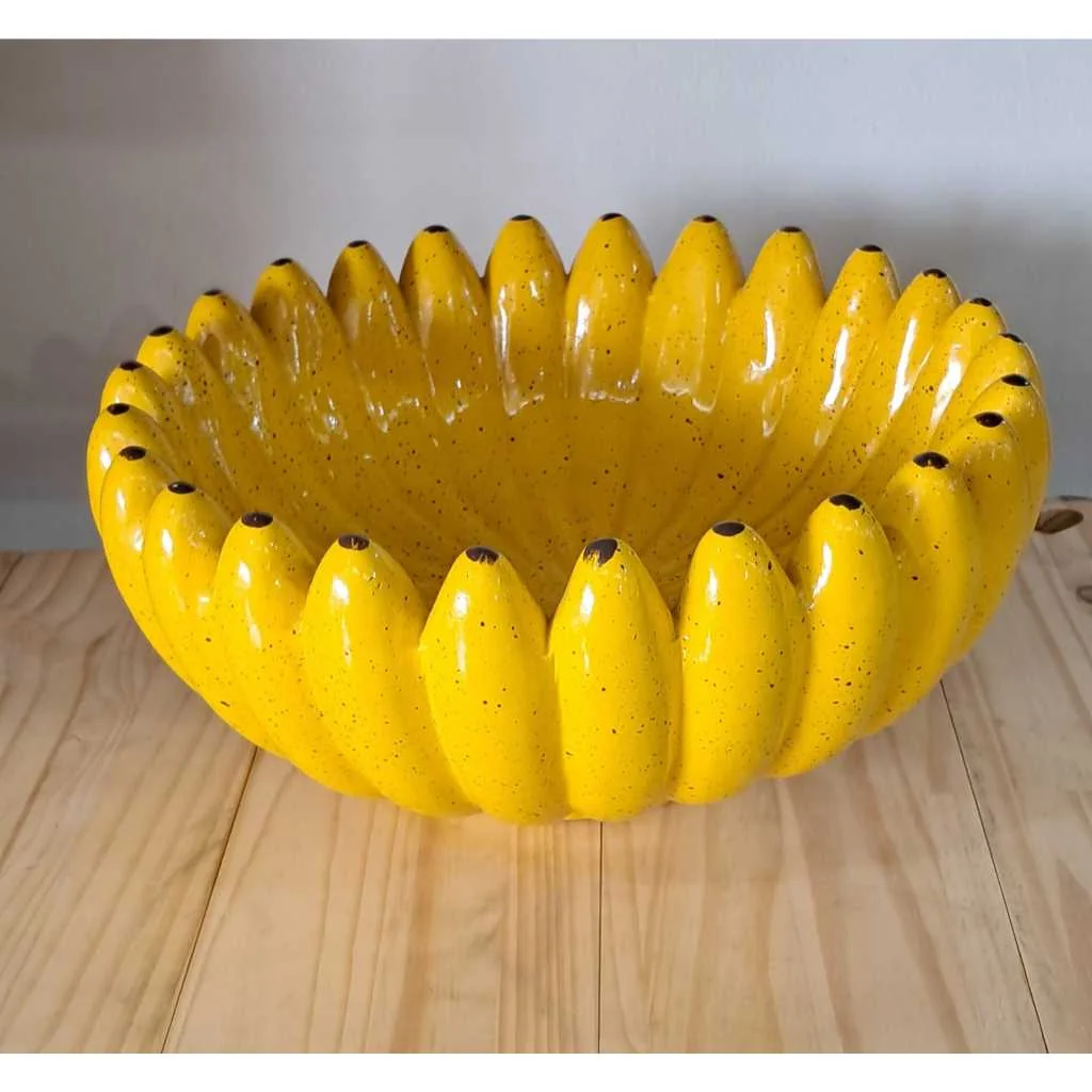 Fruteira de Cerâmica formato Banana Grande Cor Amarela,Verde,Branca