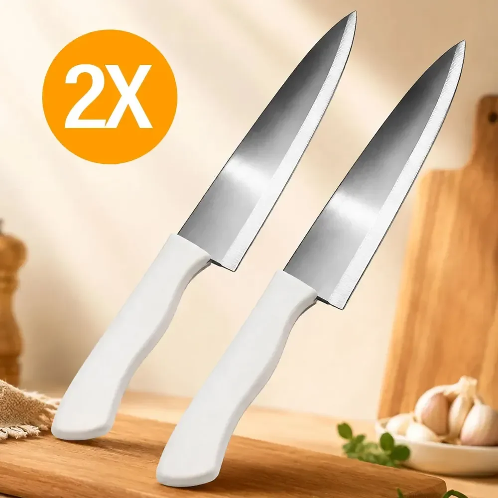Kit 2 Facas Aço Inox Cozinha Corte Afiado Carne Açougueiro Chef Cabo Branco - Marca Kill Rex
