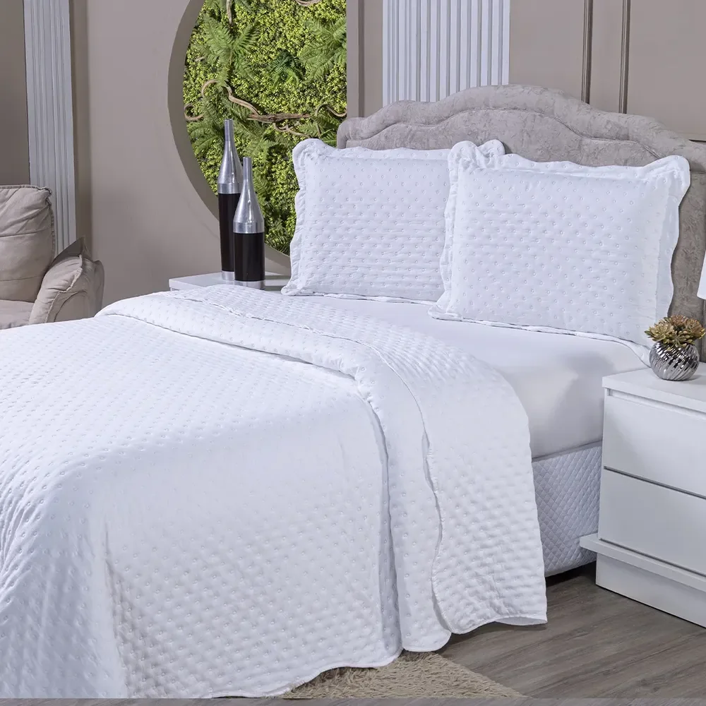 Kit Cobre Leito Casal Queen Colcha 3 Pçs Dupla Face 400 Fios Branco