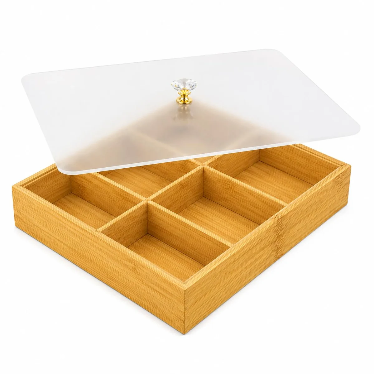 Organizador de Bambu e Palhinha, Tamanho Médio, Suporte, Guardar Objetos, Organizador de Bambu para Banheiro, Cozinha, Quarto, Guarda Roupa (30x20cm 6 Divisórias e Tampaa)
