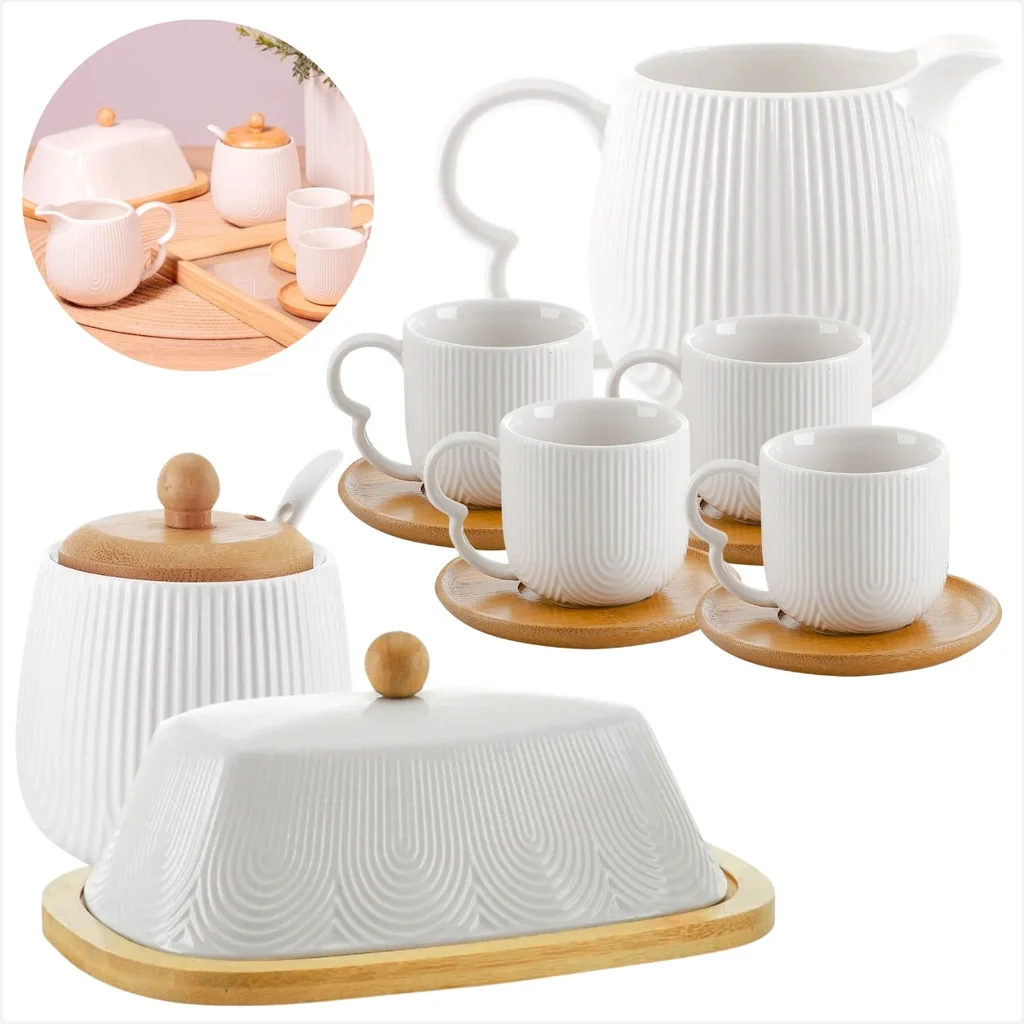 🧡 Kit Oasis de Ceramica com Xicara 90ml Jogo  com Manteigueira,Açucareiro e Cremeira em Bambu Cantinho Café,Chá da Tarde