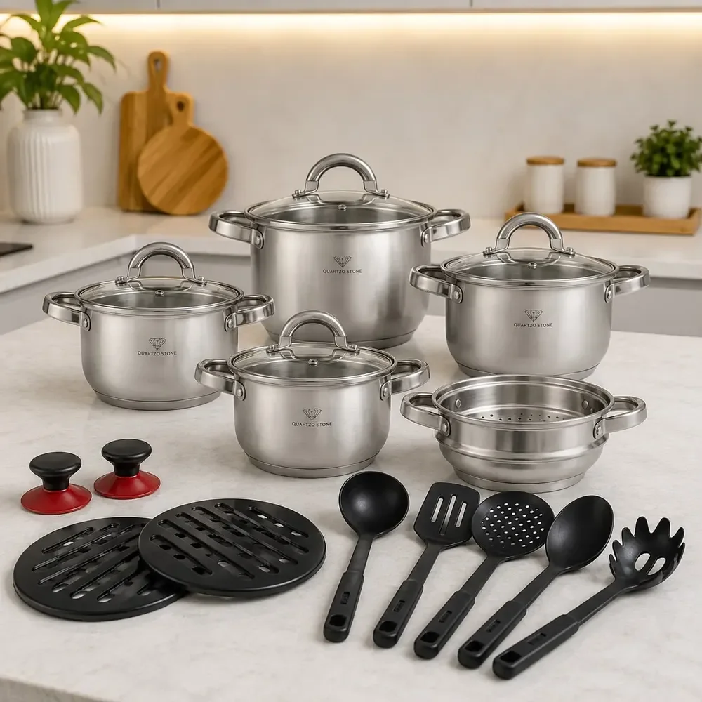 Jogo Panelas Inox 19 Peças Genebra Completo C/ Utensílios Prateado