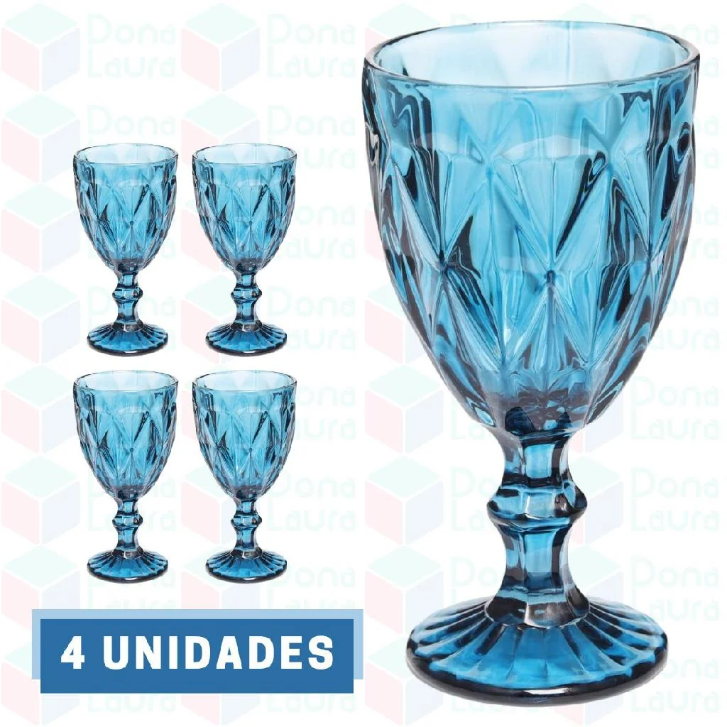 Conjunto 4 Copos Azul Taças Diamante Para Agua Vinho 300ml