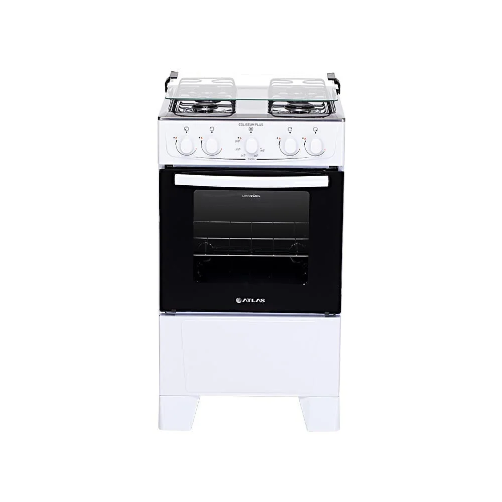 Fogão De Piso Atlas Coliseum Plus 4 Bocas Mesa Inox Forno 50 Litros Branco