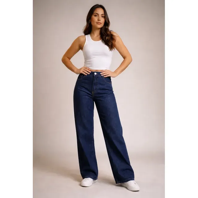 🛍️Calça Jeans Wide Leg Feminina Cintura Alta Sem Lycra Stillge