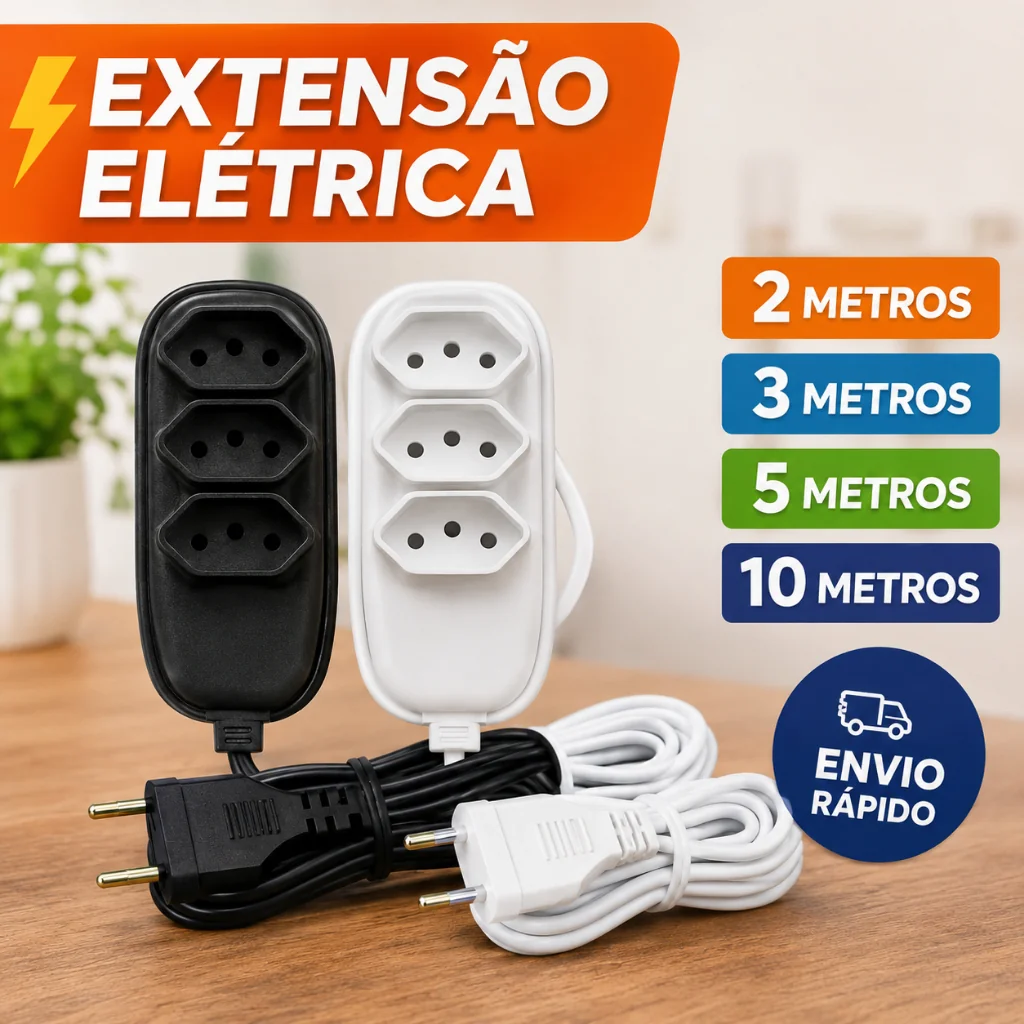 Extensão Elétrica 2, 3, 5 ou 10 METROS - BIVOLT 110/220V 10A TRIPOLAR RESISTENTE COR PRETA BRANCA