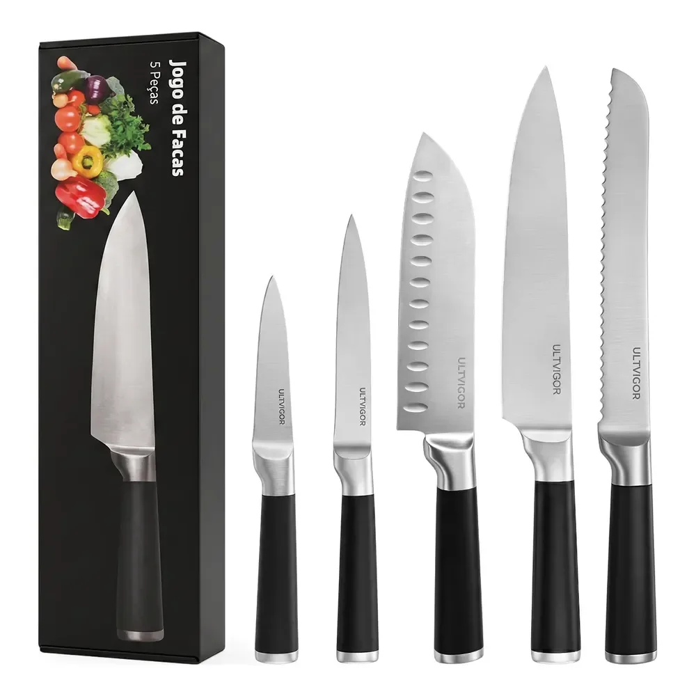 Conjunto De Facas Profissional Cozinha Premium Inox 5 Peças Preto