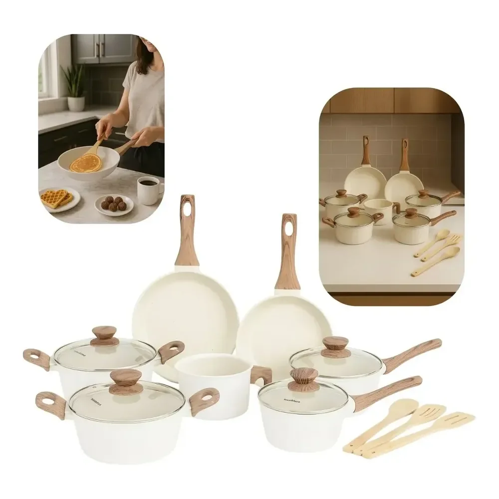 Jogo De Panelas De Cozinha Mimo Style Cook Fundo De Tripla Indução Com 10 Peças De Alumínio, Cerâmica, Madeira Marmol Vanila