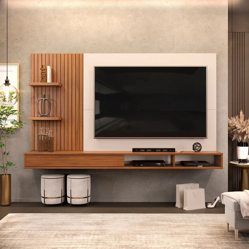 🧡 Painel para TV até 60 Polegadas Ripado com Nichos Dj  Móveis Bento Freijó Off White
