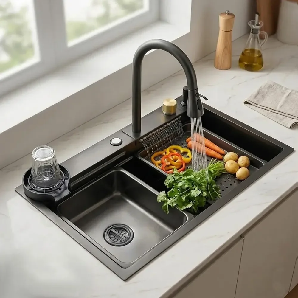 Cuba Inox Gourmet 75x46 Embutir Cascata Aço Inox 304 Cozinha Cinza-escuro