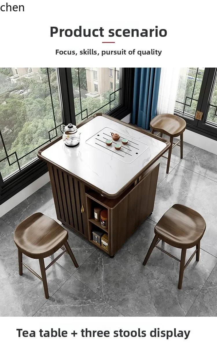 Conjunto de Mesa e Cadeiras para Varanda i5.15 com Rodas, Tampo de Pedra e Madeira Sólida, Ideal para Casas Pequenas, Carrinho de Chá Estilo Zen
