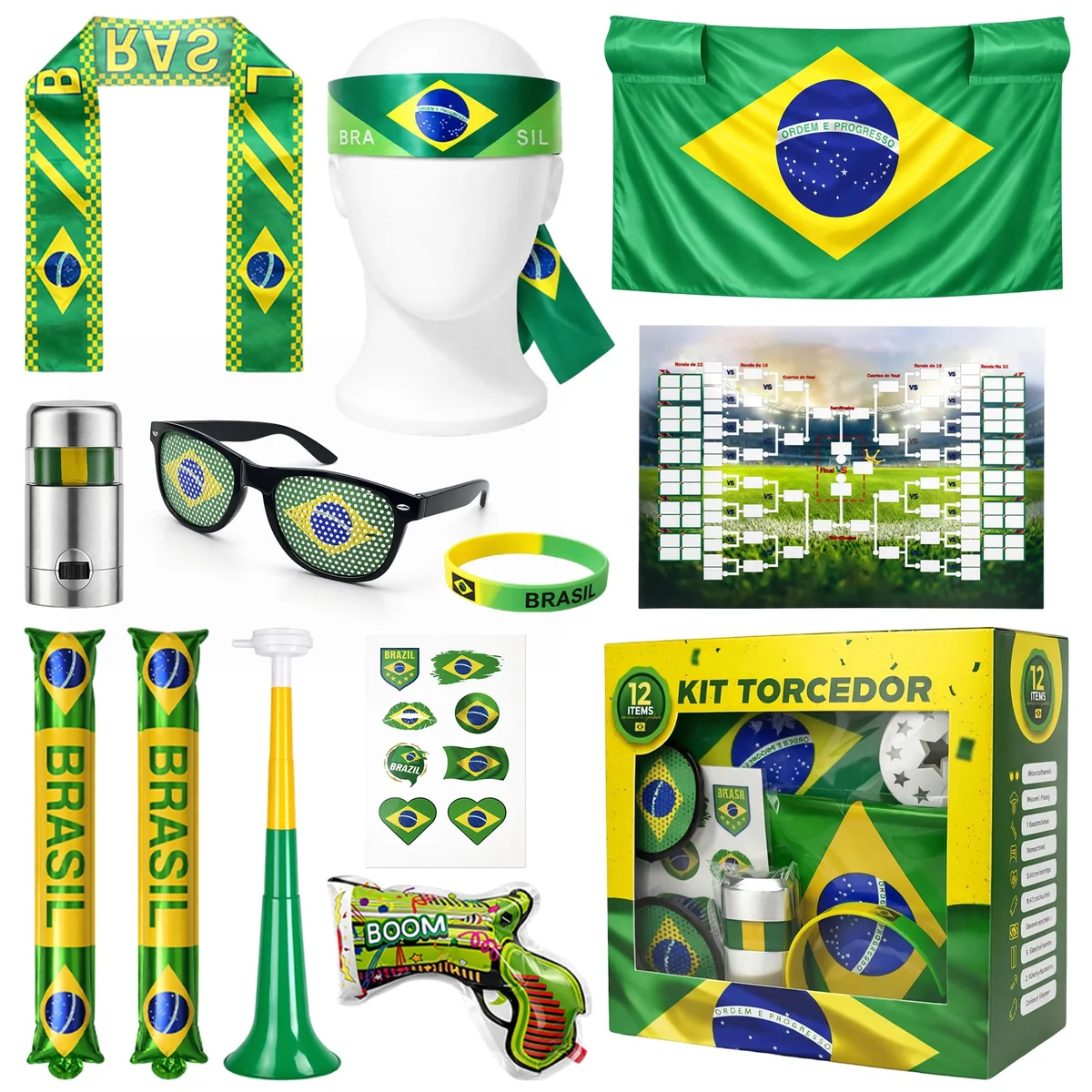 MBOX Kit Torcedor Brasil Copa 2026 12 Peças – Fantasia Completa com Faixa Cabeça, Óculos, Bandeira 150x90cm, Bastões Infláveis, Corneta, Tinta Facial e Lança Confete – Festa Churrasco