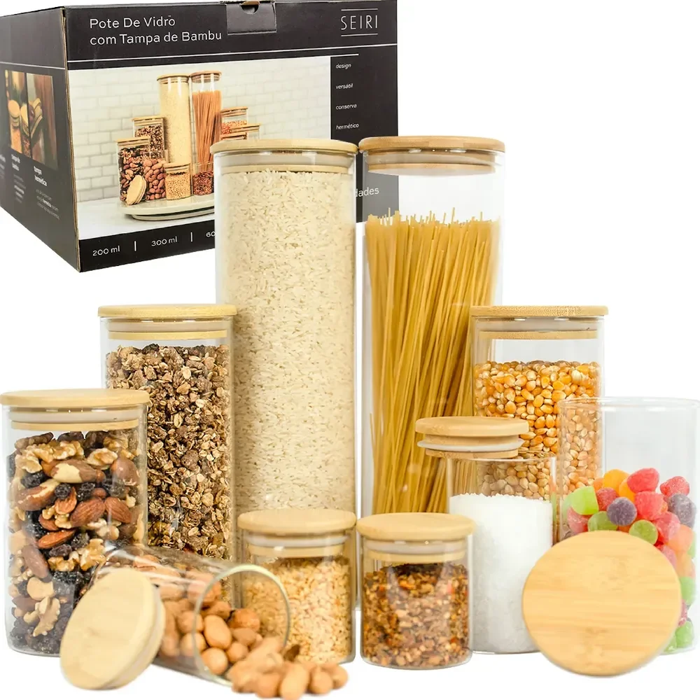 Kit 10 Potes Herméticos Vidro Tampa Bambu Seiri Para Mantimentos Cozinha