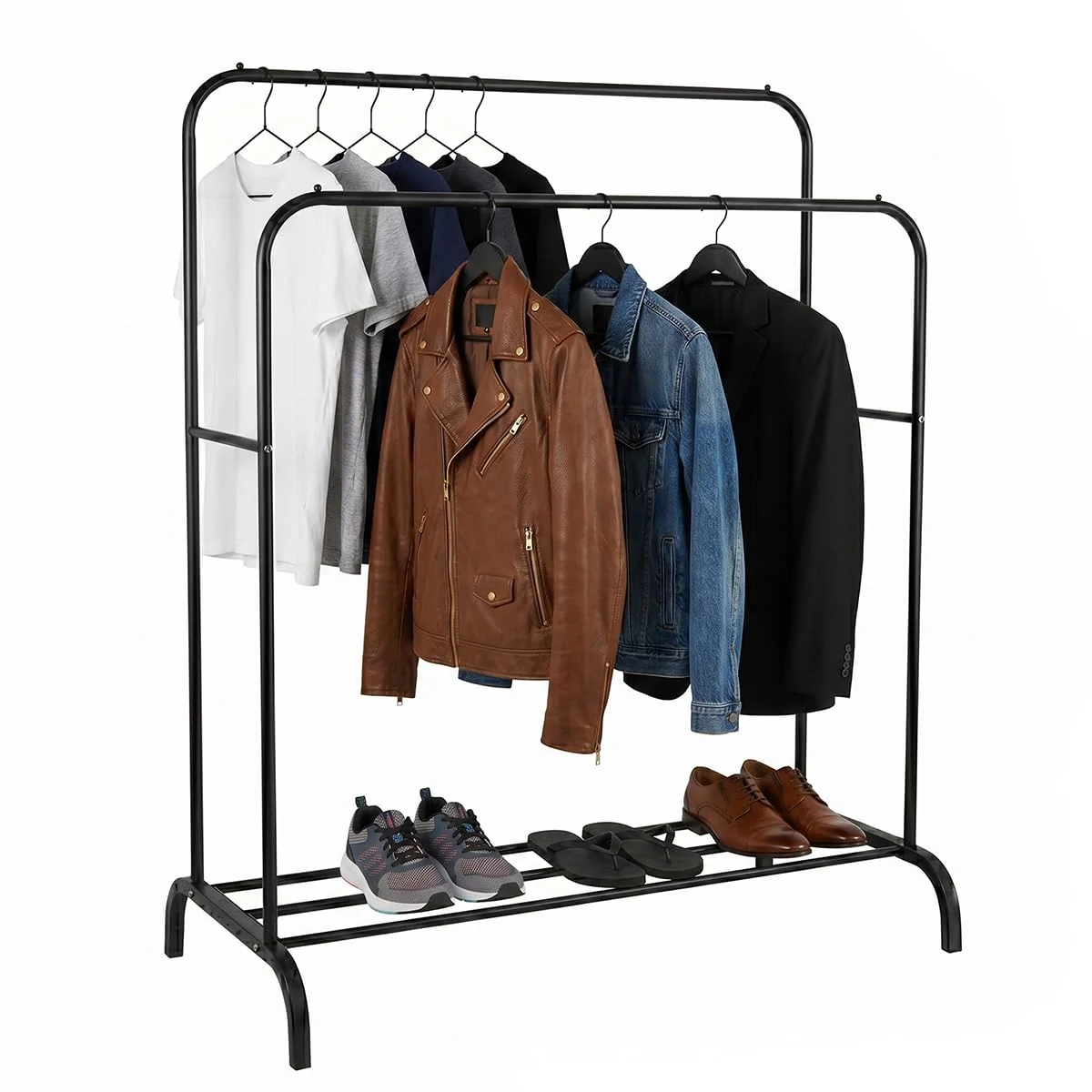 Decolab Arara Cabideiro de Chão Extensível Duplo Organizador Multiuso 2 Andares com Sapateira Quarto e Closet para Cabides com Camisetas, Vestidos, Agasalhos, Calçados (Preto)