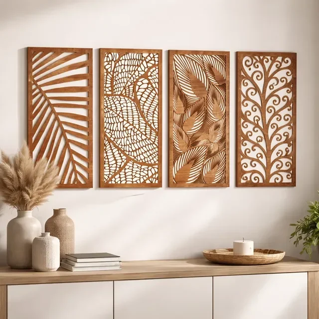 Conjunto 4 Quadro Grande Folhas Decorativo Escultura Parede