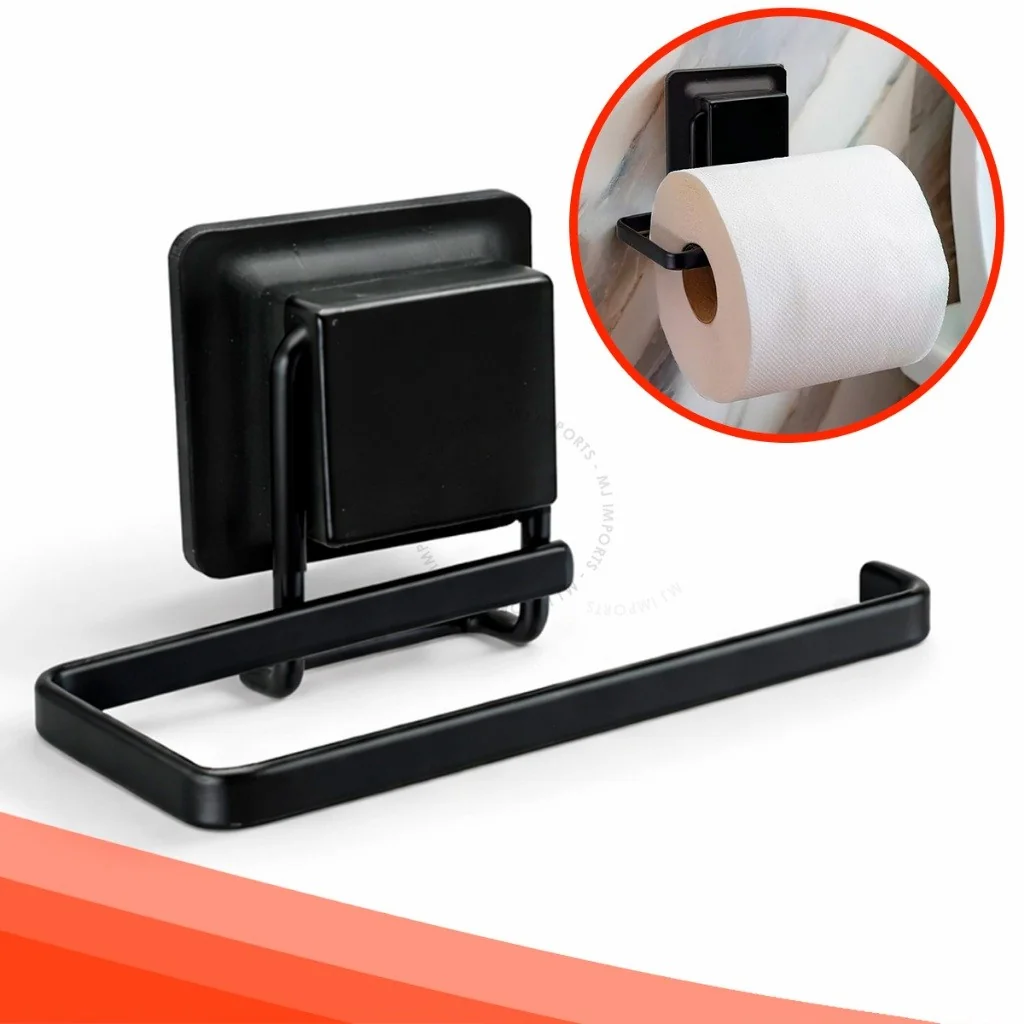 Suporte Porta Papel Higienico Rolo Papeleira com Ventosa Preto Banheiro Acessorios Arthi