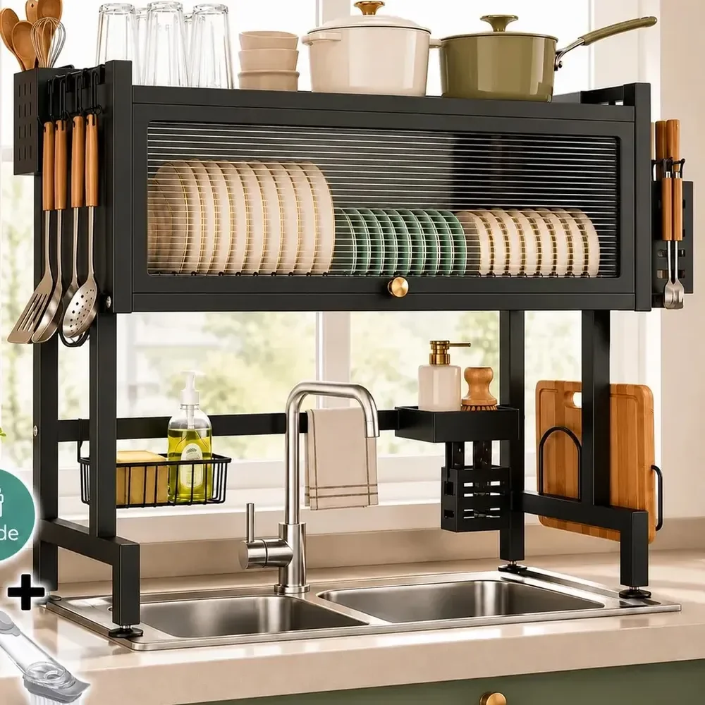 Escorredor De Louça Grande Para Copos E Pratos Organizador De Pia Cozinha 65cm Armário Cor Preto Brielli Home