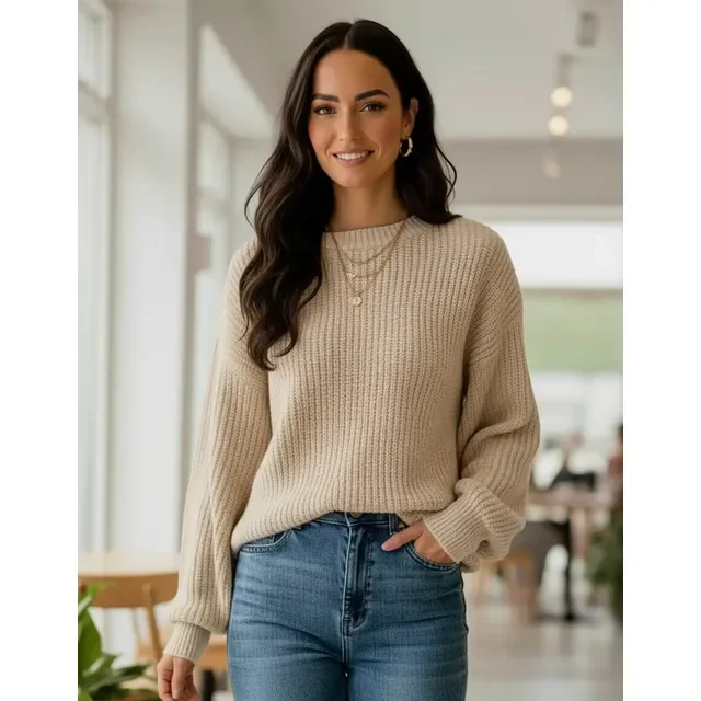 Blusa Feminina Inverno Tricô Manga Longa Balão Moderna