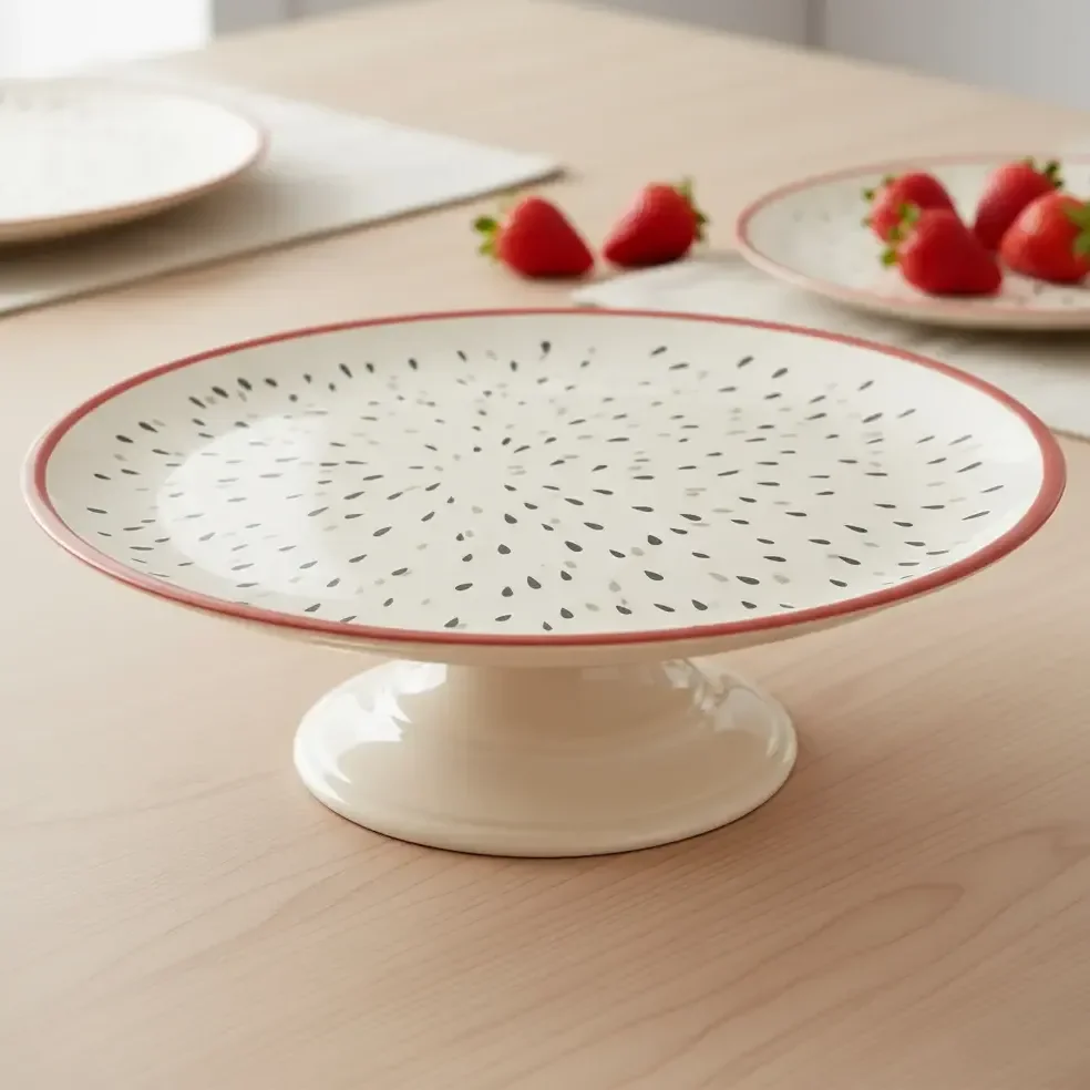 Boleira De Cerâmica Premium Decorativa Para Bolos E Doces Branco E Vermelho