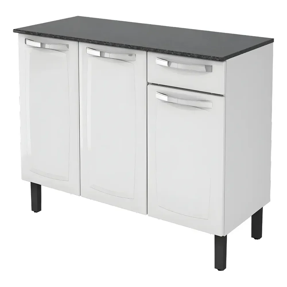 Balcão De Cozinha Itatiaia Aço 3 Portas 1 Gaveta Com Tampo De 105 Cm Modelo Rose Branco Neve