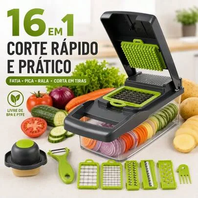 Cortador Fatiador Ralador De Legumes Frutas 16 Peças Inox Picador de Vegetais com Recipiente | Ralador de Queijo, Fatiador de Salada Cortador de Repolho Cortador de Batata Palito em Aço Inoxidável Adequado para Vegetais Cebolas Batatas Frutas Utensílios de Cozinha Manuais