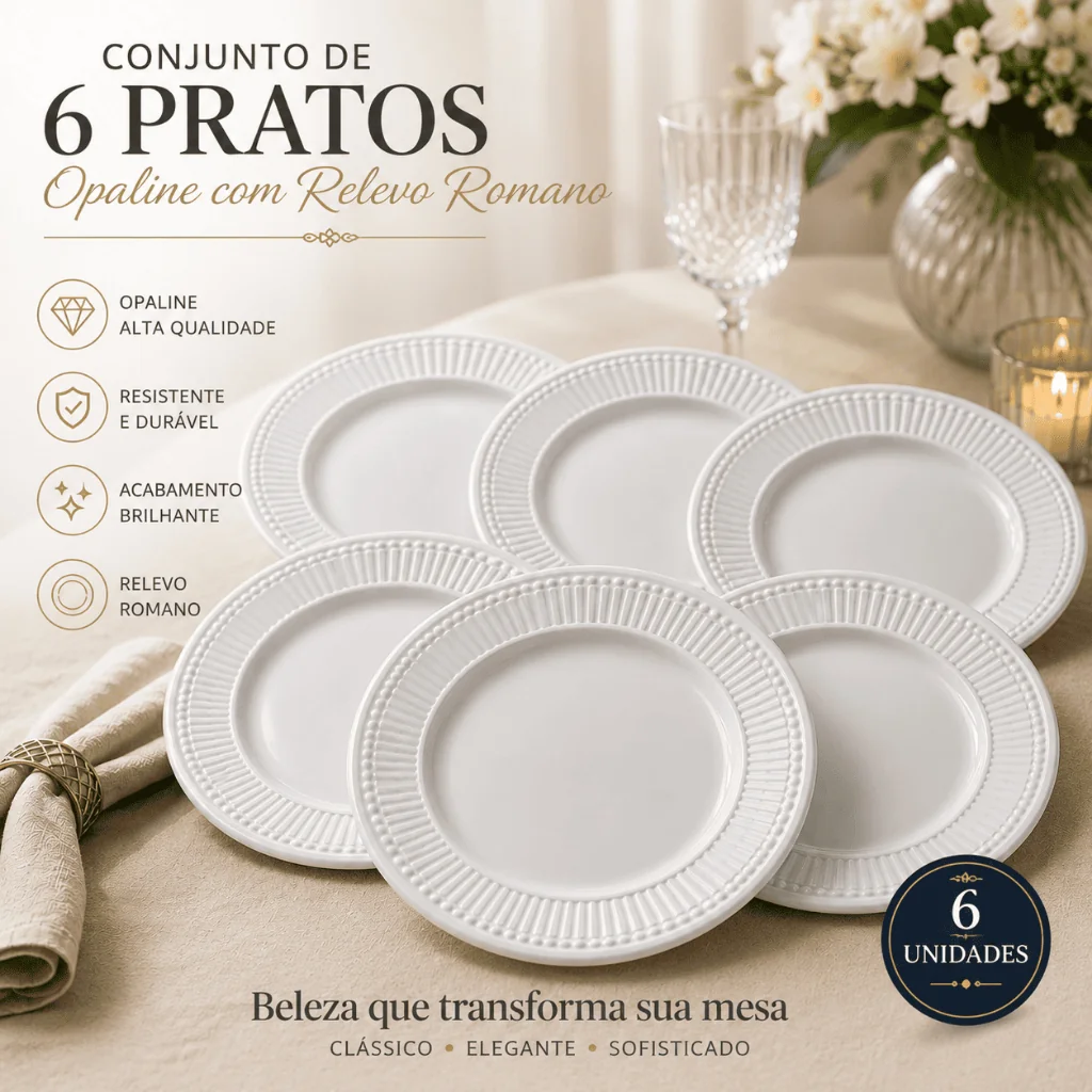 Kit 6 Pratos Rasos Opaline Branco Redondo 27cm Duralex para Restaurante Buffet Hotel Almoço e Jantar