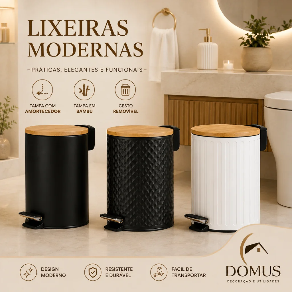 Lixeira Premium 5 Litros Com Tampa Bambu e Pedal Para Casa Banheiro Cozinha em Metal Decorativa