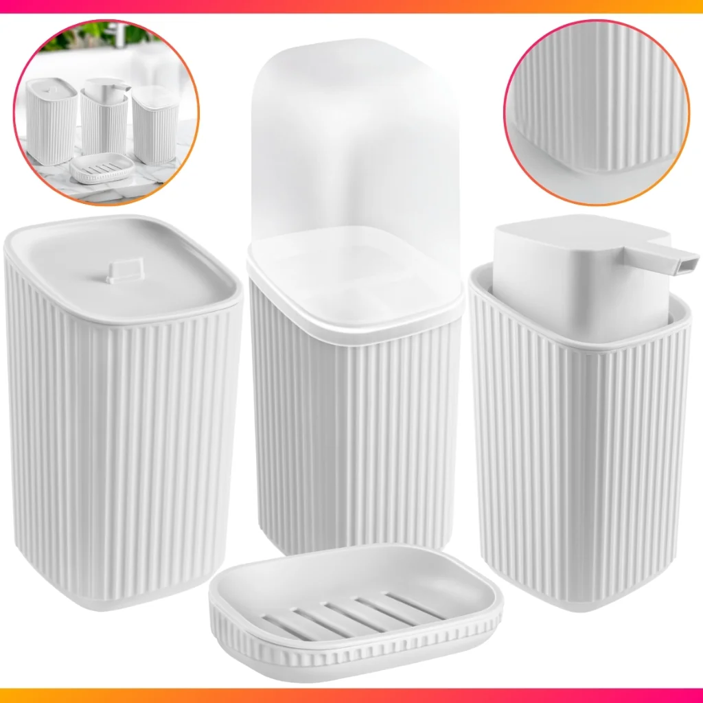 Kit 4 Acessórios Banheiro Porta Sabonete Líquido, Porta Algodão, Porta Escovas e Saboneteira - FULL