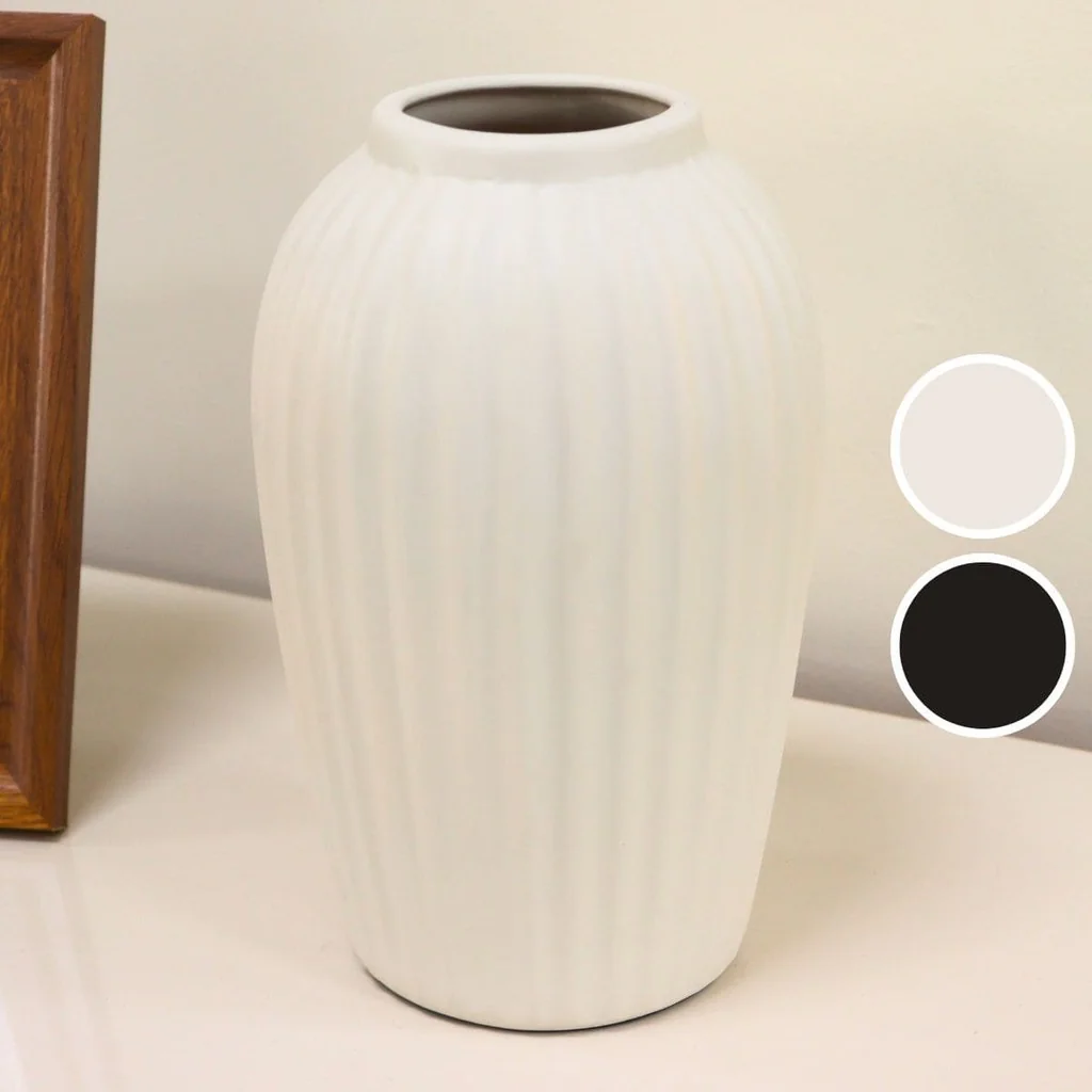 Vaso Canelado Em Cerâmica Grande Decoração Sofisticada Para Sala Painel Rack Aparador