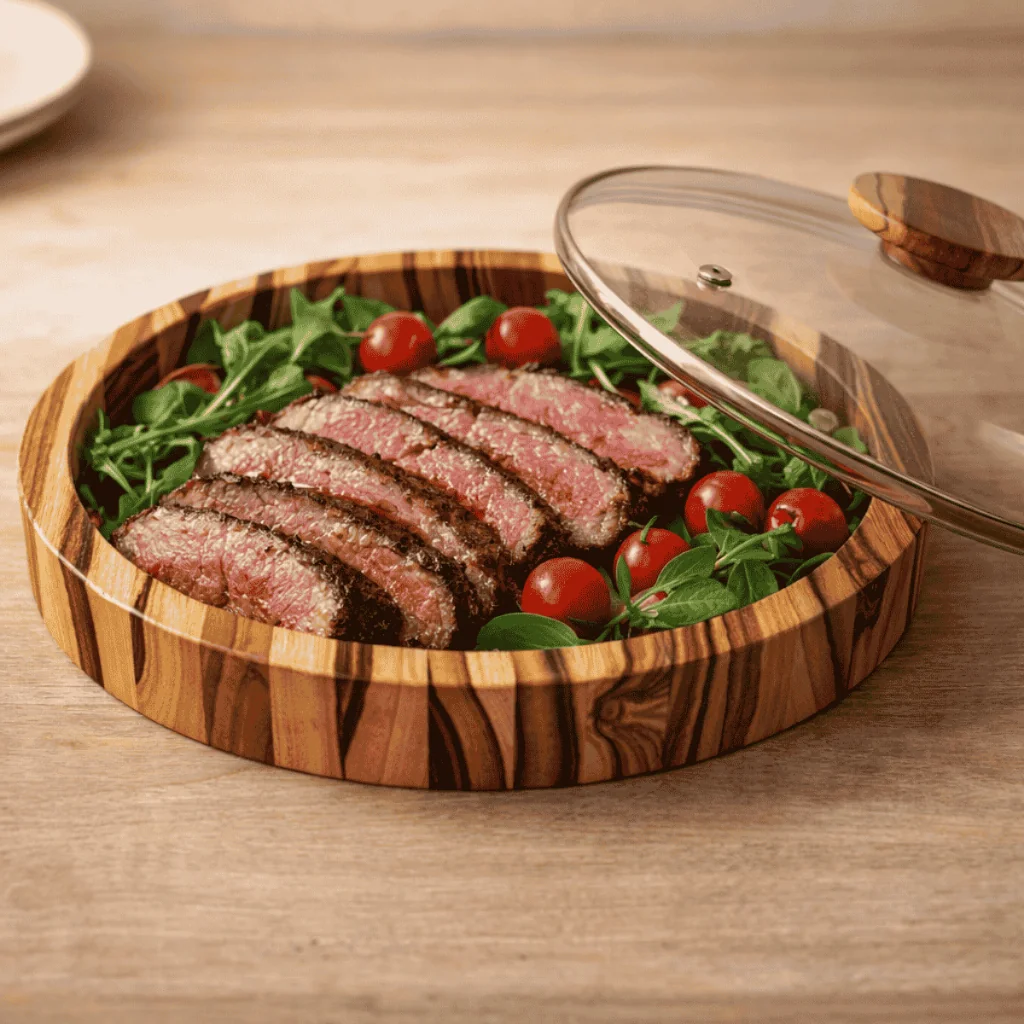 Saladeira Gamela  Redonda Madeira 27Cm Churrasco Tampa Vidro