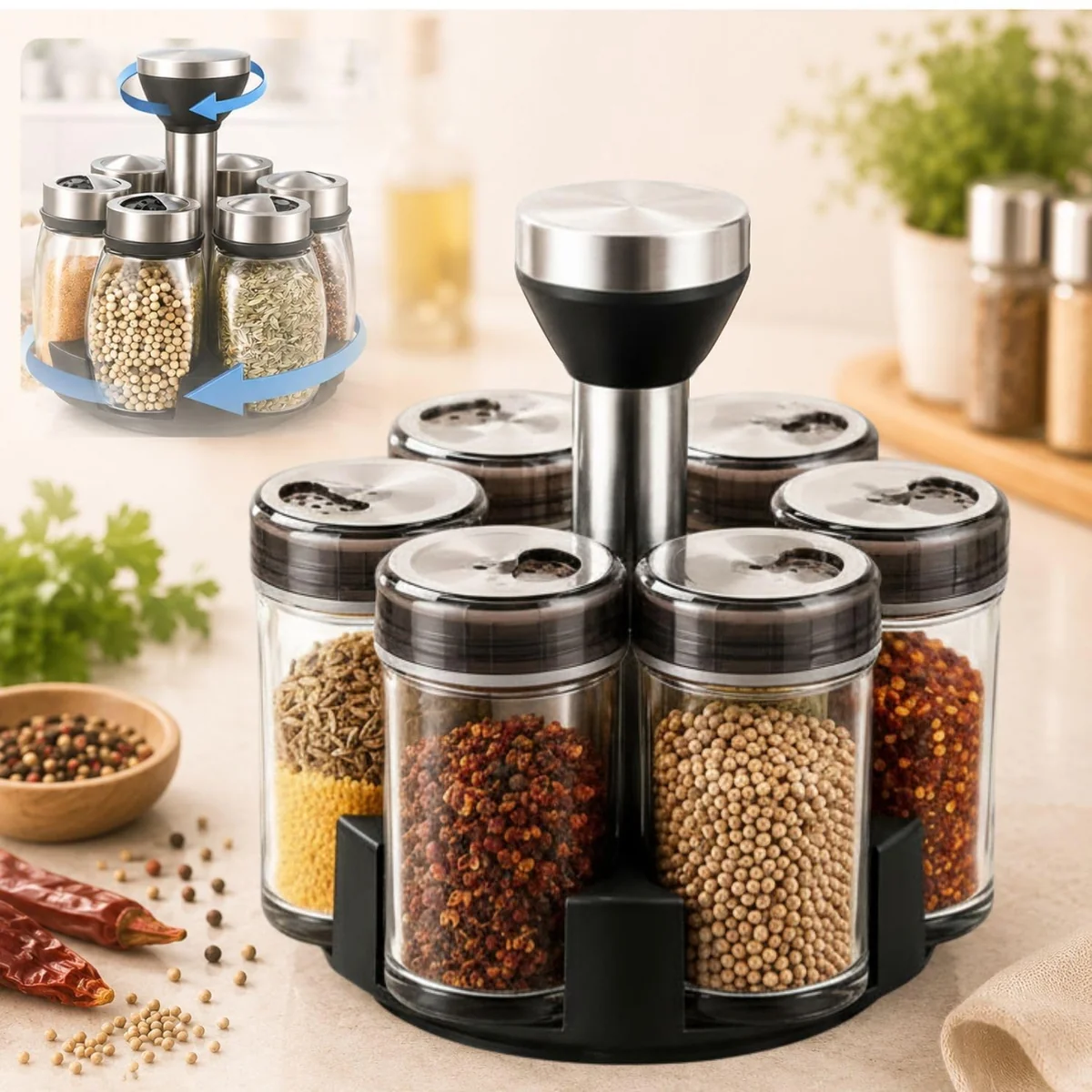 Porta Tempero Giratório Inox com 6 Peças – Suporte Rotativo 360° com Potes de Vidro para Condimentos– Organizador de Cozinha Moderno, Compacto e Funcional (Quadrado)