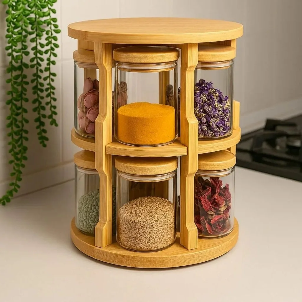 🧡 Porta Temperos Condimento Giratório 10 Potes Vidro Tampa Bambu Hermético 250ML Suporte ​Organizador