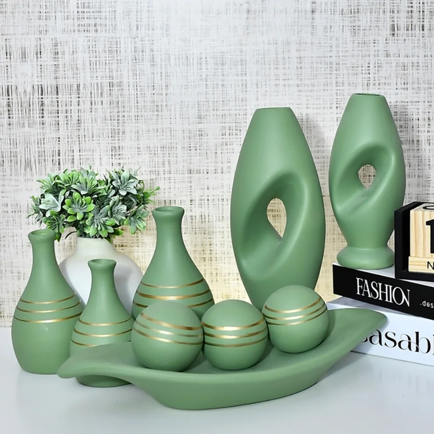 Vasos 9 Peças Kit Enfeites Cerâmica Sala Conjunto Elegante Decorativas Trio Rack Centro Mesa Cozinha