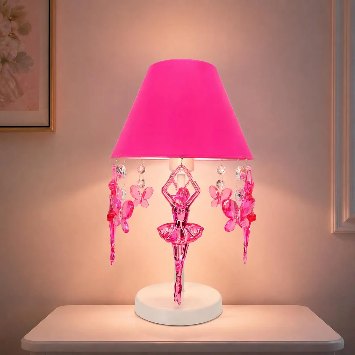 Abajur Infantil Luminária de Mesa Borboletas Bailarinas Decoração Quarto Bebê Menina Rosa Pink Acrílico Branco