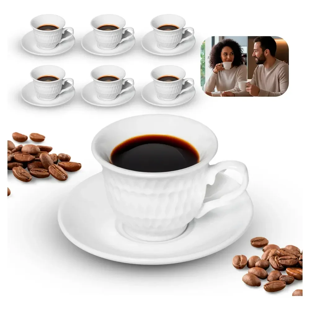 Jogo Xícaras Café Brancas Com Pires 12 Peças Porcelana 90ml Branco Com Relevo Premium